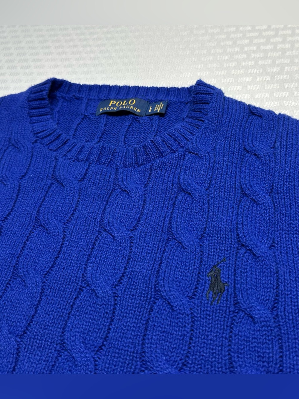 POLO RALPH LAUREN Blue Cotton Cable Knit Sweater Men’s L Crew Neck Classic Prep